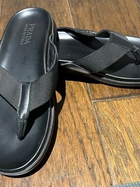Prada Black Men’s Leather & Fabric Flip-Flop Sandals